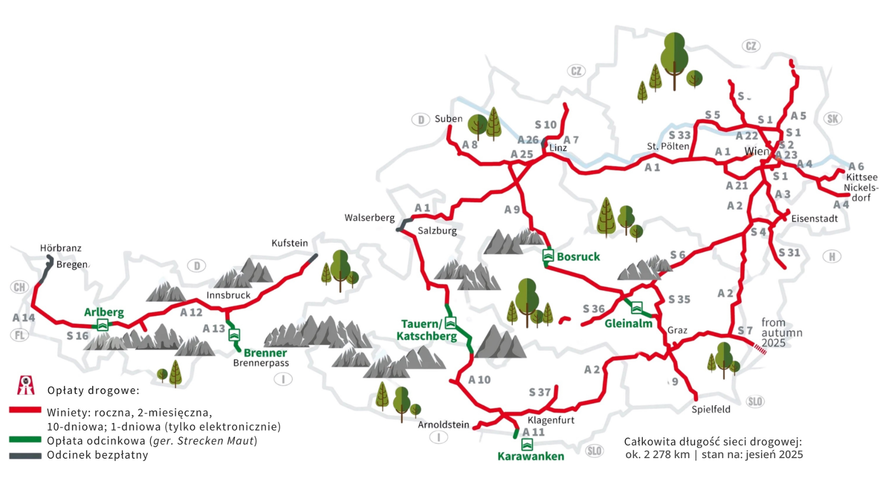 Mapa płatnych dróg w Austrii